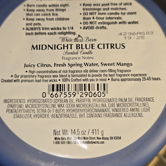 Midnight Blue Citrus Premium LUX Scent 3-wick Candle White Barn Bath&Body Works! - Picture 4 of 4